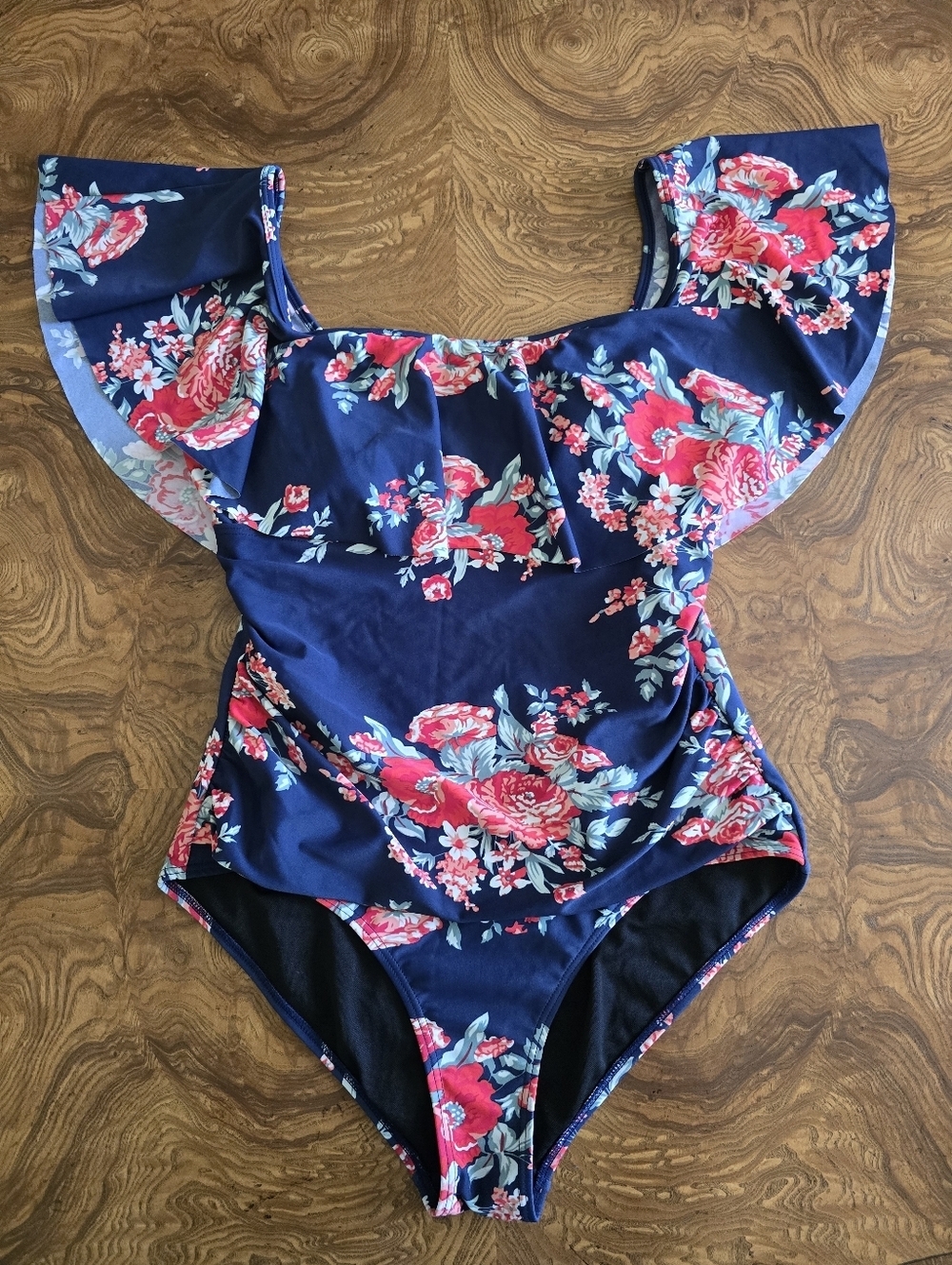 Cocoship Navy Blue Floral Ruffle Off-The-Shoulder One Piece Swimsuit, Womens 10
